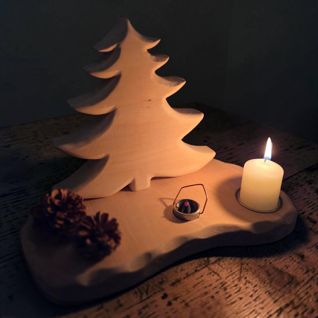 K) Erzzipfel Tannenbäumchen aus Holz mit Räuchertöpfchen und Tülle - 22 cm